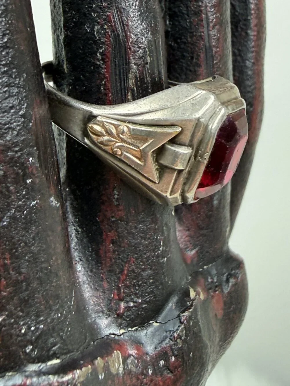 Vintage Art Deco Red Glass Sterling Silver Ring Size 11